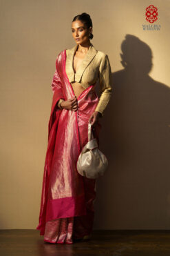 Sari silk rani pink strips gold
