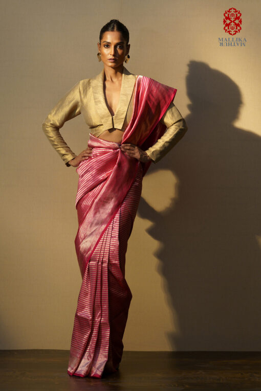 Sari silk rani pink strips gold