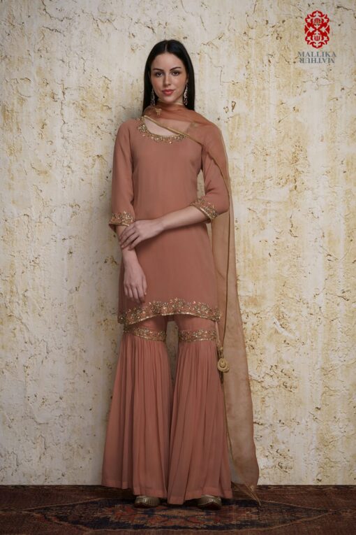 ‘Gulnaz’ old rose georgette kurta paired with a gharara hand embroidered