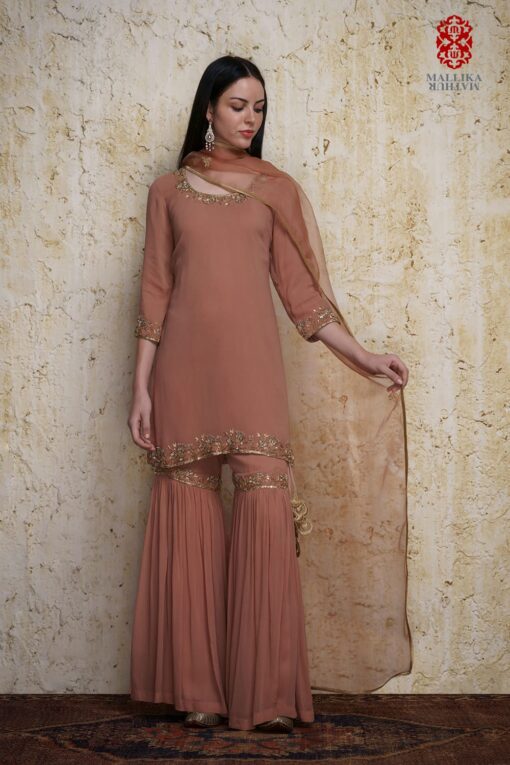 ‘Gulnaz’ old rose georgette kurta paired with a gharara hand embroidered