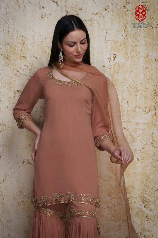 ‘Gulnaz’ old rose georgette kurta paired with a gharara hand embroidered