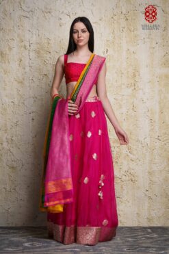 Kora silk skirt appliquéd in antique silver zari motifs