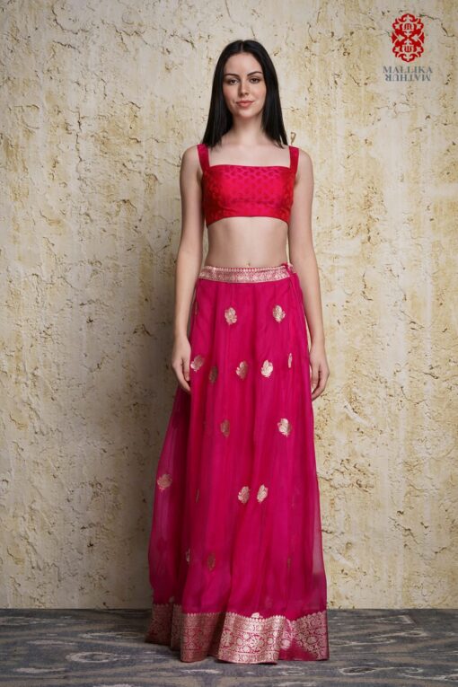 Kora silk skirt appliquéd in antique silver zari motifs