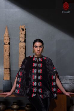 'Yuri' Cape velvet midnight black vintge uzbek motifs