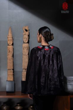 'Yuri' Cape velvet midnight black vintge uzbek motifs