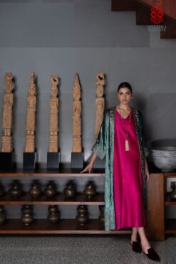 ‘Gul Mehar’ aquamarine silk velvet overlay moroccan floral bel embroidery