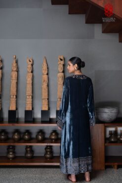 ‘Gul Mehar’ Persian blue silk velvet overlay moroccan floral bel embroidery