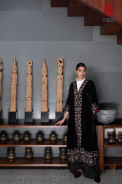 ‘Gul Mehar’ black silk velvet overlay moroccan floral bel embroidery