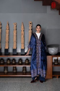 ‘Gul Mehar’ royal blue silk velvet overlay moroccan floral bel embroidery