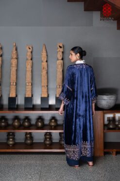 ‘Gul Mehar’ royal blue silk velvet overlay moroccan floral bel embroidery