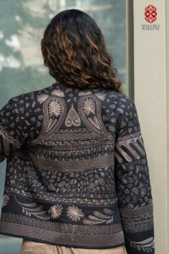 'Rika' black cotton silk jacket beige quilted detail