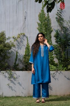 'Gulnar' Phiran silk embroidered teal blue