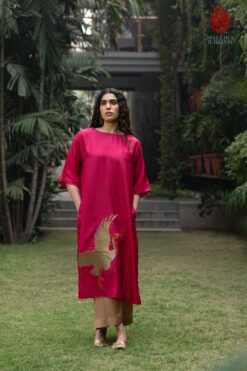 ‘SARAS’ crimson red habutai silk tunic appliqué
