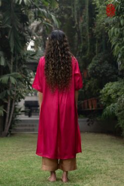 ‘SARAS’ crimson red habutai silk tunic appliqué