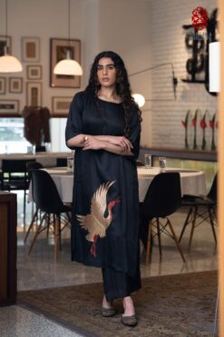 ‘SARAS’ black silk tunic appliqué
