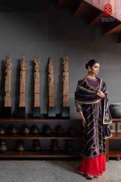 'Nayaab' aubergine velvet jacket embroidered with shawl