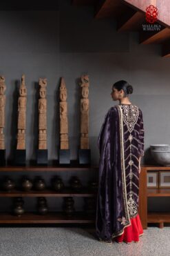 'Nayaab' aubergine velvet jacket embroidered with shawl