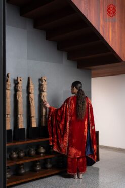 'Adira' rust orange silk velvet phiran