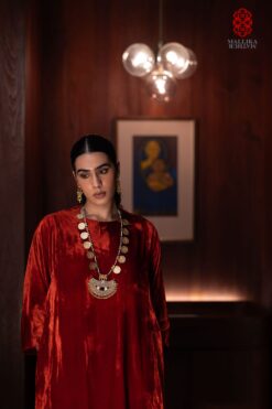 'Adira' rust orange silk velvet phiran