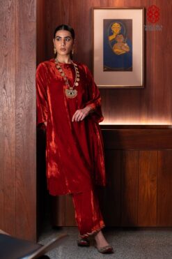 'Adira' rust orange silk velvet phiran